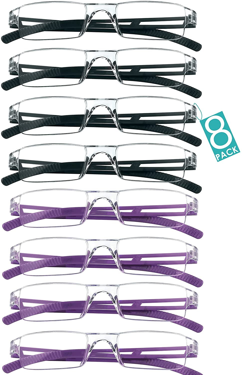 8 Pairs Reading Glasses, Blue Light Blocking Glasses, Computer Reading Glasses for Women and Men, Fashion Square Eyewear Frame (4black+4purple,+4.50 Magnification)