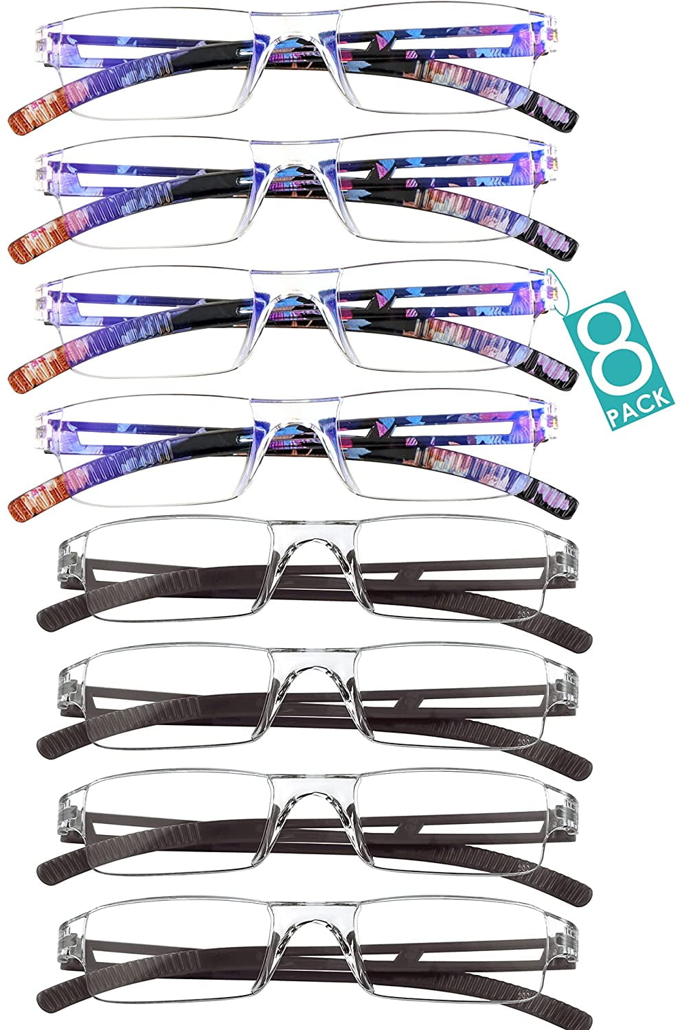 8 Pairs Reading Glasses, Blue Light Blocking Glasses, Computer Reading Glasses for Women and Men, Fashion Square Eyewear Frame (4bluefloral+4brown,+1.75 Magnification)