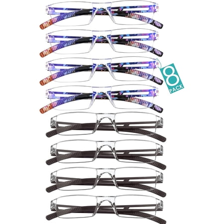 8 Pairs Reading Glasses, Blue Light Blocking Glasses, Computer Reading Glasses for Women and Men, Fashion Square Eyewear Frame (4bluefloral+4brown,+2.50 Magnification)