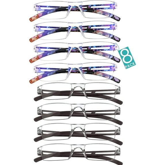 8 Pairs Reading Glasses, Blue Light Blocking Glasses, Computer Reading Glasses for Women and Men, Fashion Square Eyewear Frame (4bluefloral+4brown,+4.00 Magnification)