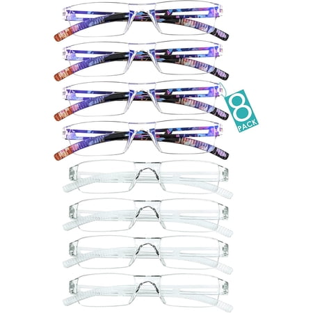 8 Pairs Reading Glasses, Blue Light Blocking Glasses, Computer Reading Glasses for Women and Men, Fashion Square Eyewear Frame (4bluefloral+4clear,+2.75 Magnification)