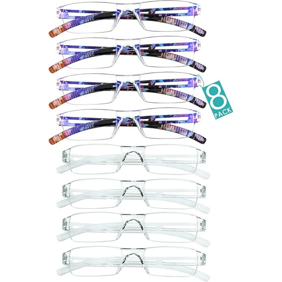 8 Pairs Reading Glasses, Blue Light Blocking Glasses, Computer Reading Glasses for Women and Men, Fashion Square Eyewear Frame (4bluefloral 4clear, 3.25 Magnification)