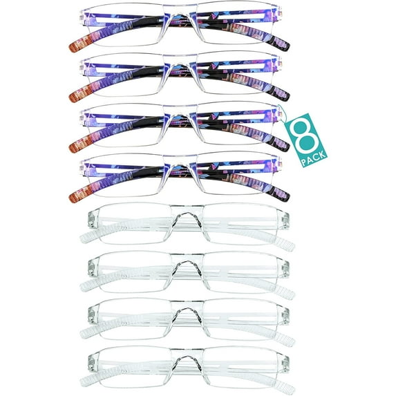 8 Pairs Reading Glasses, Blue Light Blocking Glasses, Computer Reading Glasses for Women and Men, Fashion Square Eyewear Frame (4bluefloral+4clear,+4.25 Magnification)