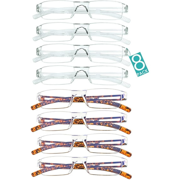 8 Pairs Reading Glasses, Blue Light Blocking Glasses, Computer Reading Glasses for Women and Men, Fashion Square Eyewear Frame (4clear+4tortoise,+3.75 Magnification)
