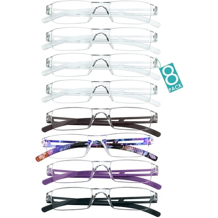 8 Pairs Reading Glasses, Blue Light Blocking Glasses, Computer Reading Glasses for Women and Men, Fashion Square Eyewear Frame (4color+4clear,+1.00 Magnification)
