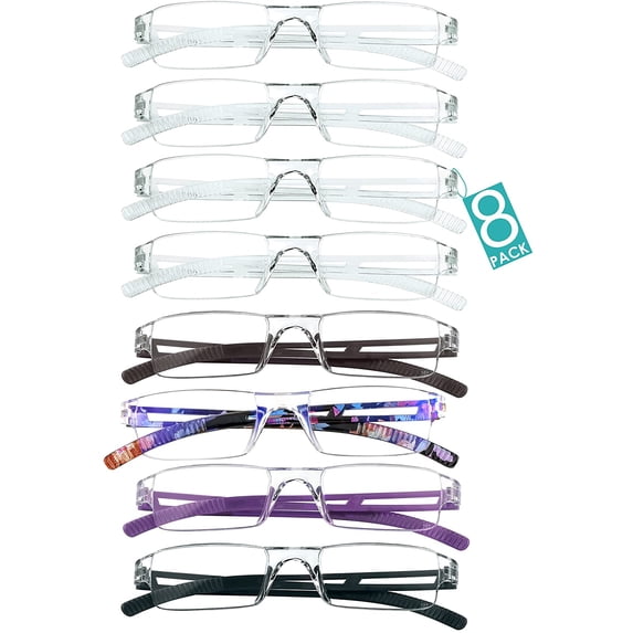 8 Pairs Reading Glasses, Blue Light Blocking Glasses, Computer Reading Glasses for Women and Men, Fashion Square Eyewear Frame (4color+4clear,+1.75 Magnification)