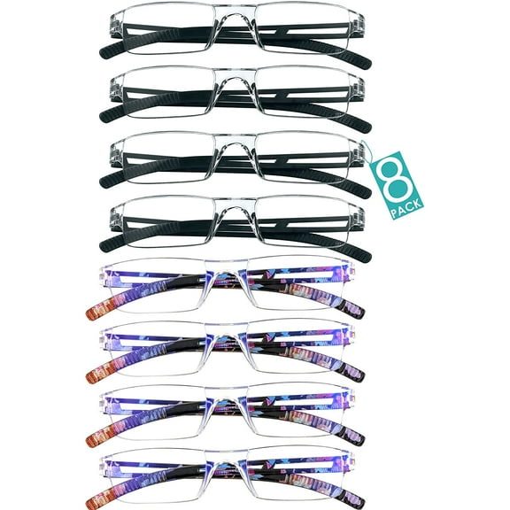8 Pairs Reading Glasses, Blue Light Blocking Glasses, Computer Reading Glasses for Women and Men, Fashion Square Eyewear Frame (4black+4bluefloral,+1.00 Magnification)