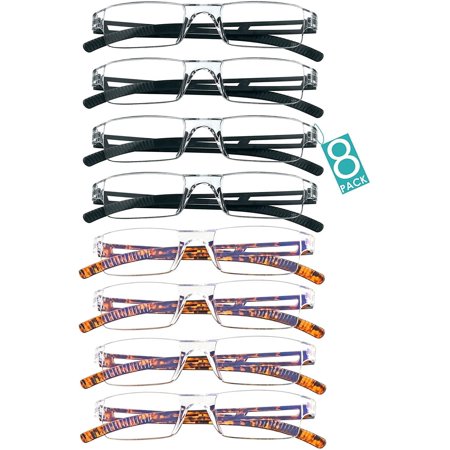 8 Pairs Reading Glasses, Blue Light Blocking Computer Glasses for Women and Men, Fashion Square Eyewear Frame (4black+4tortoise,+2.00 Magnification)