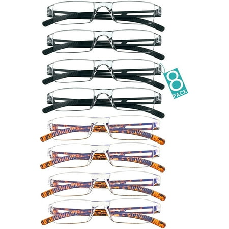 8 Pairs Reading Glasses, Blue Light Blocking Computer Glasses for Women and Men, Fashion Square Eyewear Frame (4black+4tortoise,+3.25 Magnification)