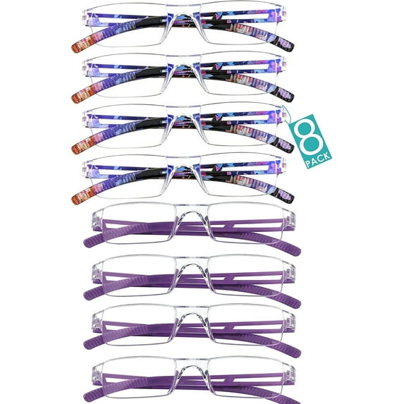 8 Pairs Reading Glasses, Blue Light Blocking Glasses, Computer Reading Glasses for Women and Men, Fashion Square Eyewear Frame (4bluefloral+4purple,+4.50 Magnification)