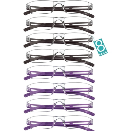 8 Pairs Reading Glasses, Blue Light Blocking Computer Glasses for Women and Men, Fashion Square Eyewear Frame (4brown+4purple,+4.00 Magnification)