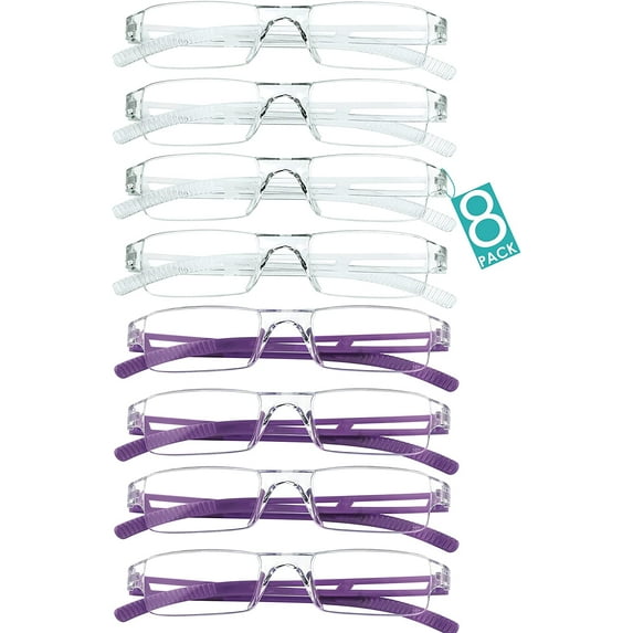 8 Pairs Reading Glasses, Blue Light Blocking Glasses, Computer Reading Glasses for Women and Men, Fashion Square Eyewear Frame (4clear+4purple,+3.25 Magnification)