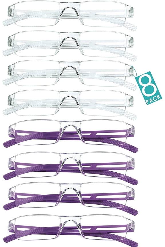 8 Pairs Reading Glasses, Blue Light Blocking Glasses, Computer Reading Glasses for Women and Men, Fashion Square Eyewear Frame (4clear+4purple,+4.00 Magnification)