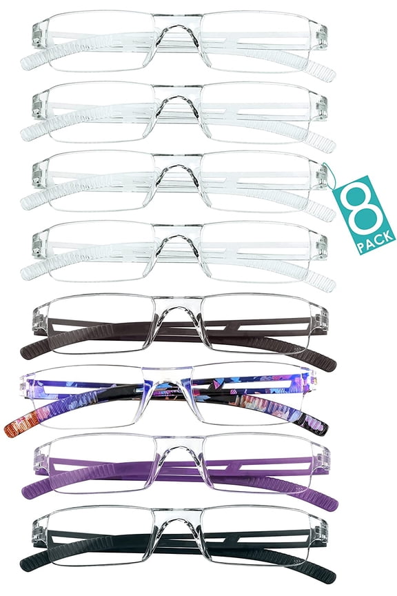 8 Pairs Reading Glasses, Blue Light Blocking Computer Glasses for Women and Men, Fashion Square Eyewear Frame (4color+4clear,+3.00 Magnification)