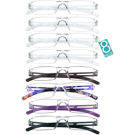 8 Pairs Reading Glasses, Blue Light Blocking Computer Glasses for Women and Men, Fashion Square Eyewear Frame (4color+4clear,+3.25 Magnification)