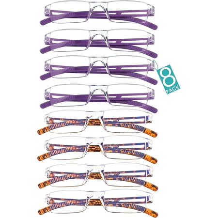 8 Pairs Reading Glasses, Blue Light Blocking Computer Glasses for Women and Men, Fashion Square Eyewear Frame (4purple+4tortoise,+3.75 Magnification)