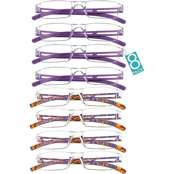 8 Pairs Reading Glasses, Blue Light Blocking Glasses, Computer Reading Glasses for Women and Men, Fashion Square Eyewear Frame (4purple+4tortoise,+4.00 Magnification)