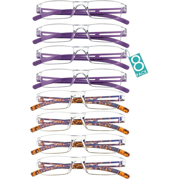8 Pairs Reading Glasses, Blue Light Blocking Glasses, Computer Reading Glasses for Women and Men, Fashion Square Eyewear Frame (4purple+4tortoise,+4.25 Magnification)