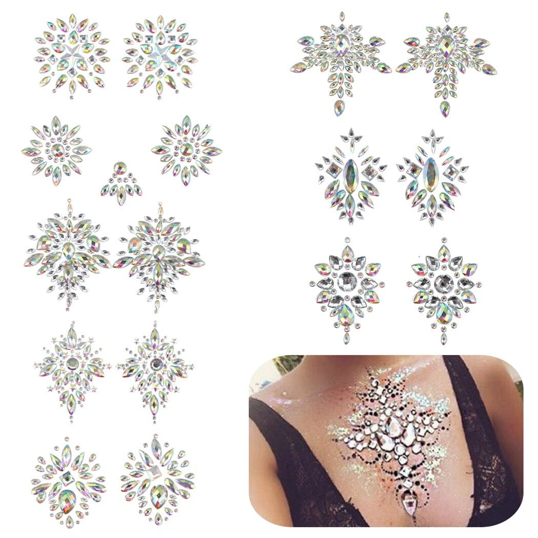 8 Pairs Rhinestone Breast Covers Resin Rhinestone Pasties, Glitter Crystal Tattoo Jewels