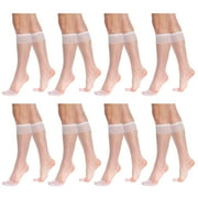 8 Pairs Sheer Knee High Socks for Women 15 Denier Stay up Band (White)