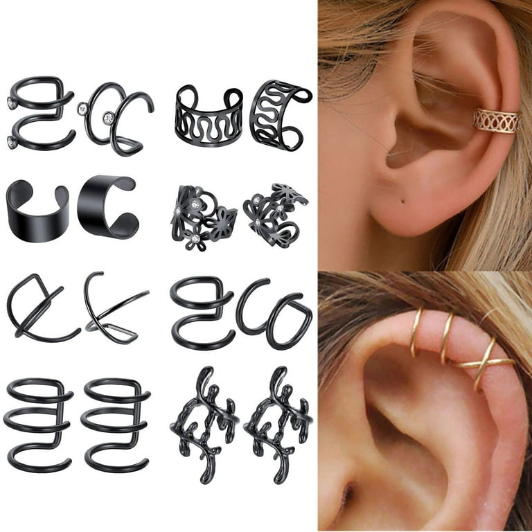 8 Pairs Stainless Steel Ear Cuff Non Piercing Clip On Cartilage Earrings  For Men Women, 8 Various Styles (Steel C + Flower Shape Style)