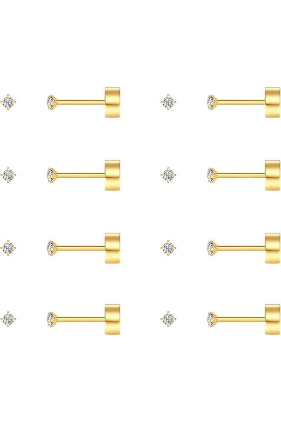 8 Pairs Tiny Flat Back Earrings for Women Men 14K Gold Plated Surgical Stainless Steel Stud Earrings Cubic Zirconia Cartilage Earring Hypoallergenic Piercing Jewelry, 2mm 3mm 4mm