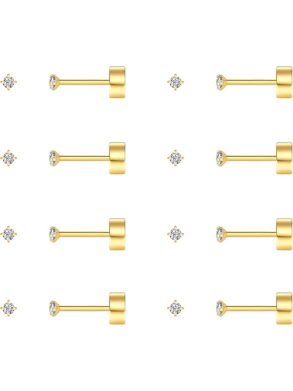 8 Pairs Tiny Flat Back Earrings for Women Men 14K Gold Plated Surgical Stainless Steel Stud Earrings Cubic Zirconia Cartilage Earring Hypoallergenic Piercing Jewelry, 2mm 3mm 4mm
