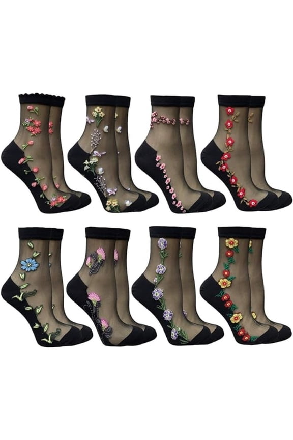 8-Pairs Ultra-Thin Mesh Socks - Breathable Comfort, Elegant Floral Pattern, Sheer See-Through Ankle Socks for Women, Perfect for Spring/Summer & Gift Giving