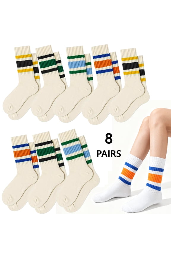 8 Pairs Vintage Cotton Tube Socks for Women Striped Slouchy Scrunch Retro Socks Cute Crew Sock