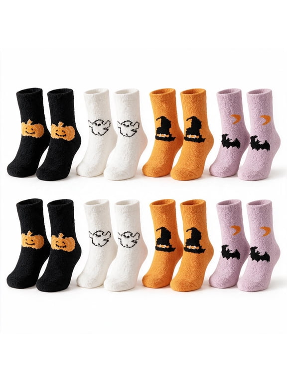8 Pairs Women Halloween Mid-Calf Socks, Thick Coral Fleece Thermal Fluffy Socks With Cartoon Pumpkin Ghost Witch Bat Print, Soft Cozy Casual Lounge Socks For Autumn Winter Daily Wear