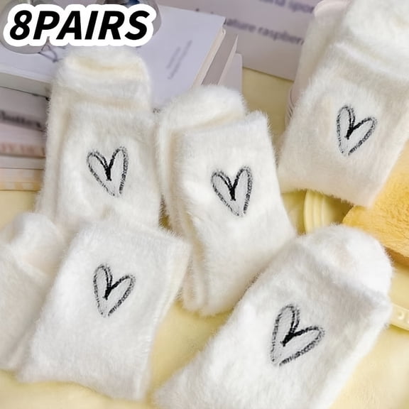 8 Pairs Women'S Cozy Fuzzy Heart Pattern Short Socks, Polyester Blend with Elastane, Knit Fabric, Breathable, Sweat-Absorbent, with Machine Washable for Autumn and Winter