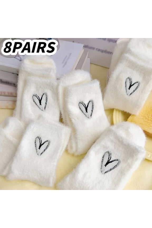 8 Pairs Women'S Cozy Fuzzy Heart Pattern Short Socks, Polyester Blend with Elastane, Knit Fabric, Breathable, Sweat-Absorbent, with Machine Washable for Autumn and Winter