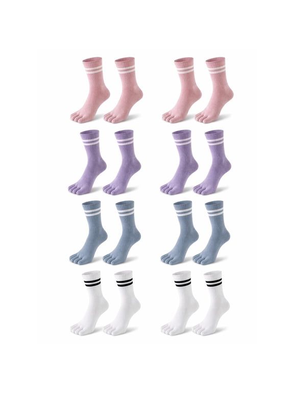 8 Pairs Women Striped Five Fingers Crew Toe Socks Athletic Running Hiking Comfort Toe Separator Socks