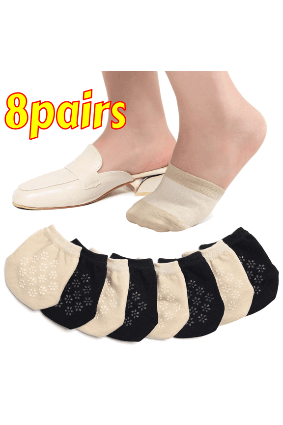 8 Pairs Women's No-Show Toe Socks for Mules & Loafers, Half Socks with Non-Slip Gel Grips, Black & Tan