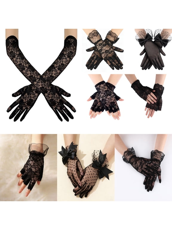 8 Pairs Women’s Short Lace Gloves Polyester – Different Styles Sun Protection Fingerless Wrist Length for Opera Wedding Party Evening Dress Cosplay 1920s Vintage (8 Unique Designs)