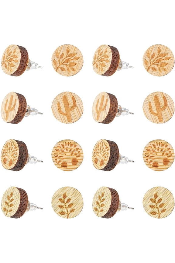 8 Pairs Wood Stud Earrings - Tree Leaf Cactus Natural Wood Flat Round Earring Post Findings with 304 Stainless Steel Pins for Women Friends Gifts for DIY