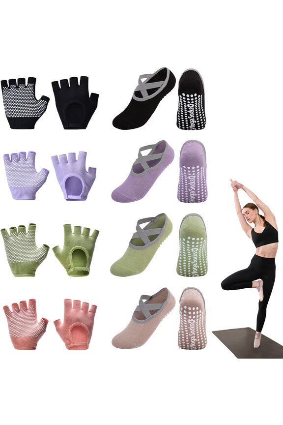 8 Pairs Yoga Gloves Socks Set with Grip for Women, CUGBO Non Slip Pilates Socks and Fingerless Exercise Workout Gloves for Ballet Dance Fitness