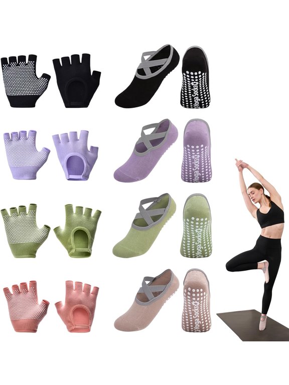 8 Pairs Yoga Gloves Socks Set with Grip for Women, CUGBO Non Slip Pilates Socks and Fingerless Exercise Workout Gloves for Ballet Dance Fitness