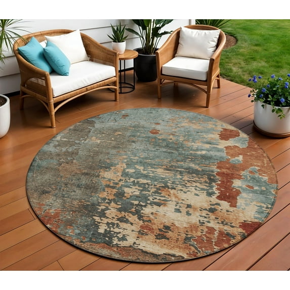 HomeRoots 618234 8 ft. Pale Aqua, Copper & Beige Round Abstract Washable Indoor & Outdoor Area Rug
