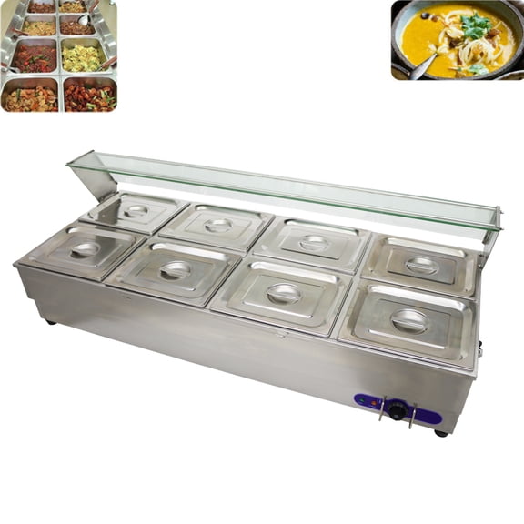8-Pan Food Warmer Restaurants Hotels Buffet Food Steam Heater with Glass Shield