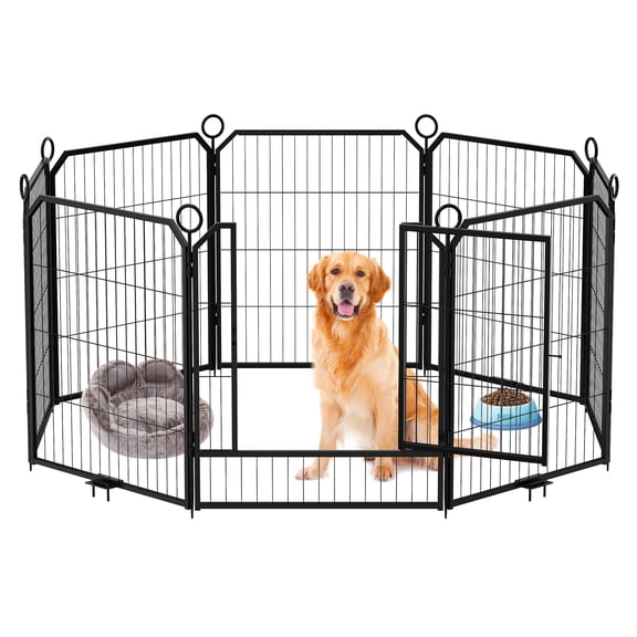 8 Panel Dog Playpen Outdoor, 32 Inch Dog Fence with Gate & Fixed Stakes, Pet Exercise Pen for Yard RV Camping Garden, Durable Steel Playpen for Puppy Small Dogs