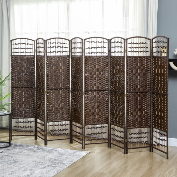 8-Panel Folding Privacy Screen, Brown Diamond Woven Paper Fiber Room Divider with Pine Wood Frame, No Assembly Required for Home & Office