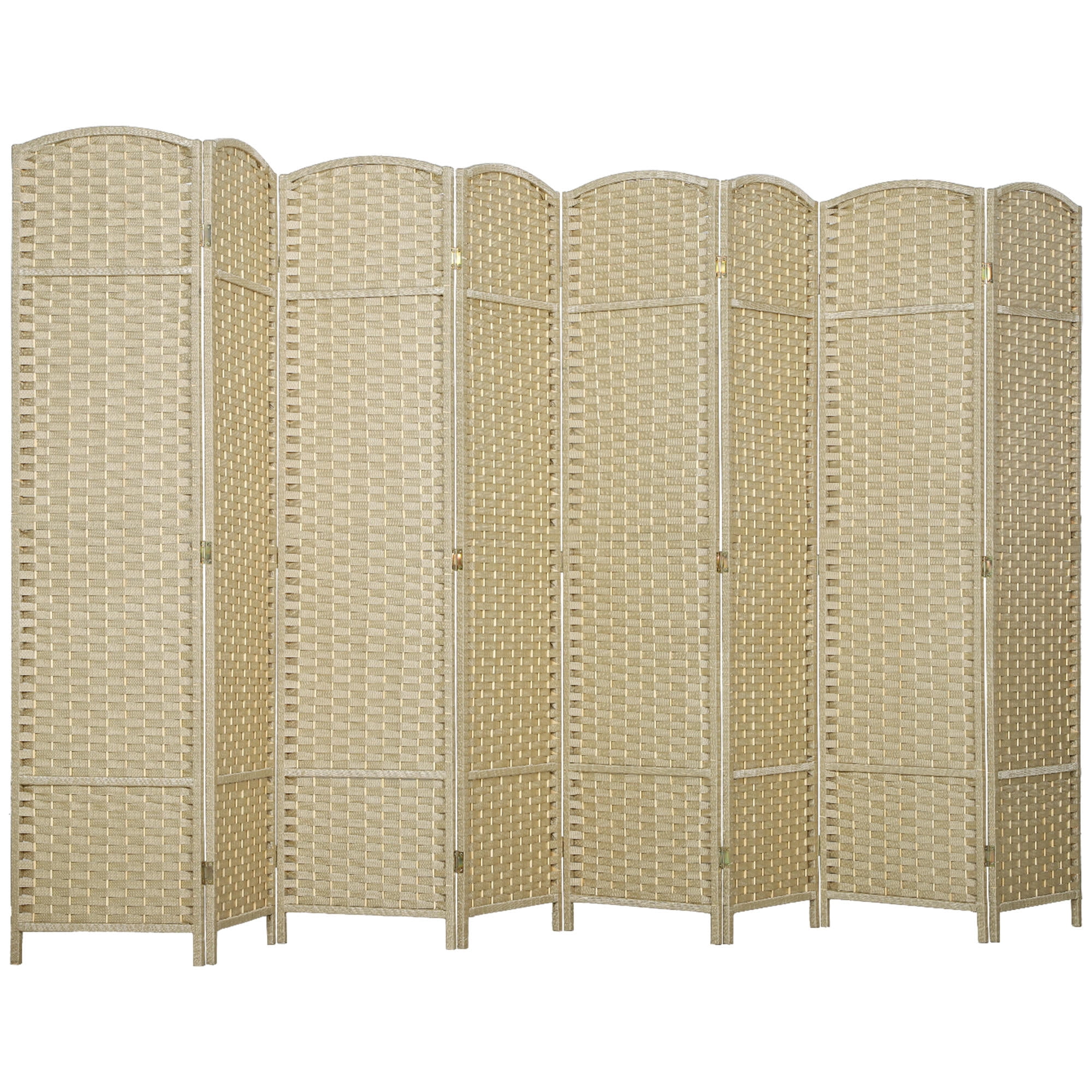 8 Panel Folding Room Divider 5.6' (66.9") Tall Privacy Screen, Freestanding Polypropylene Woven Partition with Pine Wood Frame for Home Office, Beige