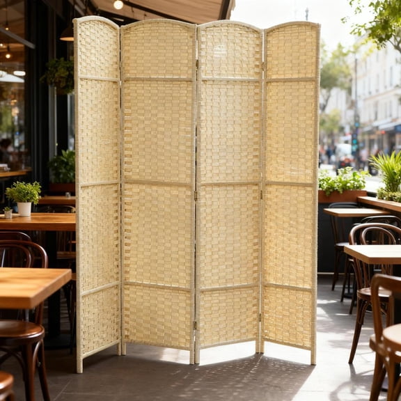 8Panel Folding Room Divider 67 H Inch, Natural Woven Bamboo PaperRope Screen, Arched Top Freestanding Privacy Partition