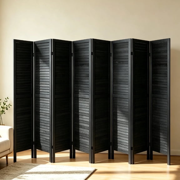 8 Panel Folding Room Divider, 67" Tall Black Wood Louvered Privacy Screen, 126" Wide Freestanding Decorative Partition Wall for Bedroom, Living Room, Home Office & Apartment