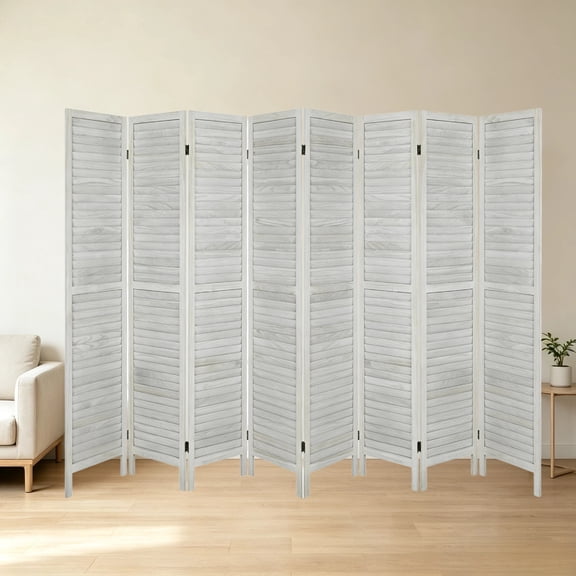 8 Panel Folding Room Divider, 67" Tall White Wood Louvered Privacy Screen, 126" Wide Freestanding Decorative Partition Wall for Bedroom, Living Room, Home Office & Apartment