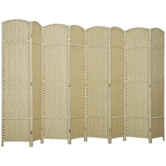 8-Panel Folding Room Divider, Beige Woven Polypropylene with Pine Wood Frame, Elegant Arched Top Privacy Screen for Home Office, No Assembly Required
