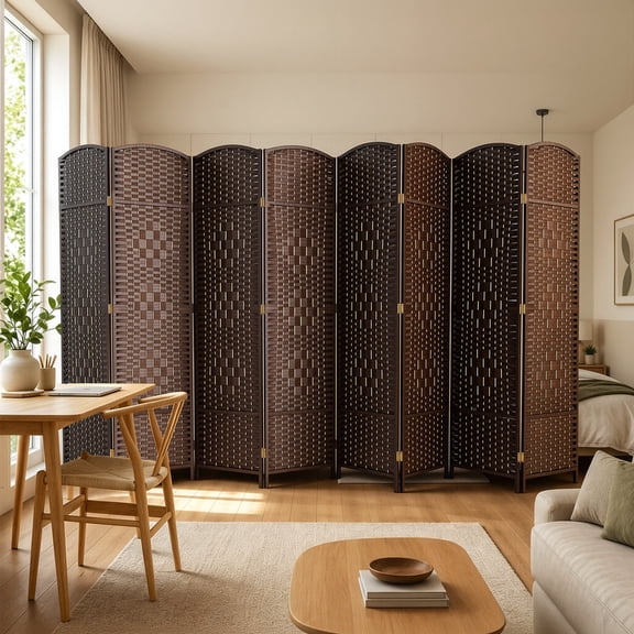 8-Panel Room Divider 6Ft Rattan Woven Folding Privacy Screen