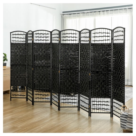 8 Panel Room Divider, Folding Privacy Screen, Wave Fiber Partition for Home Office, Portable Black