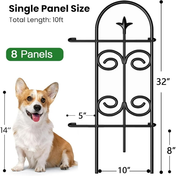 8 Panels 32in(H) x 10ft(L) Decorative Garden Fence for Dogs & Pets - No Edging Border Fencing
